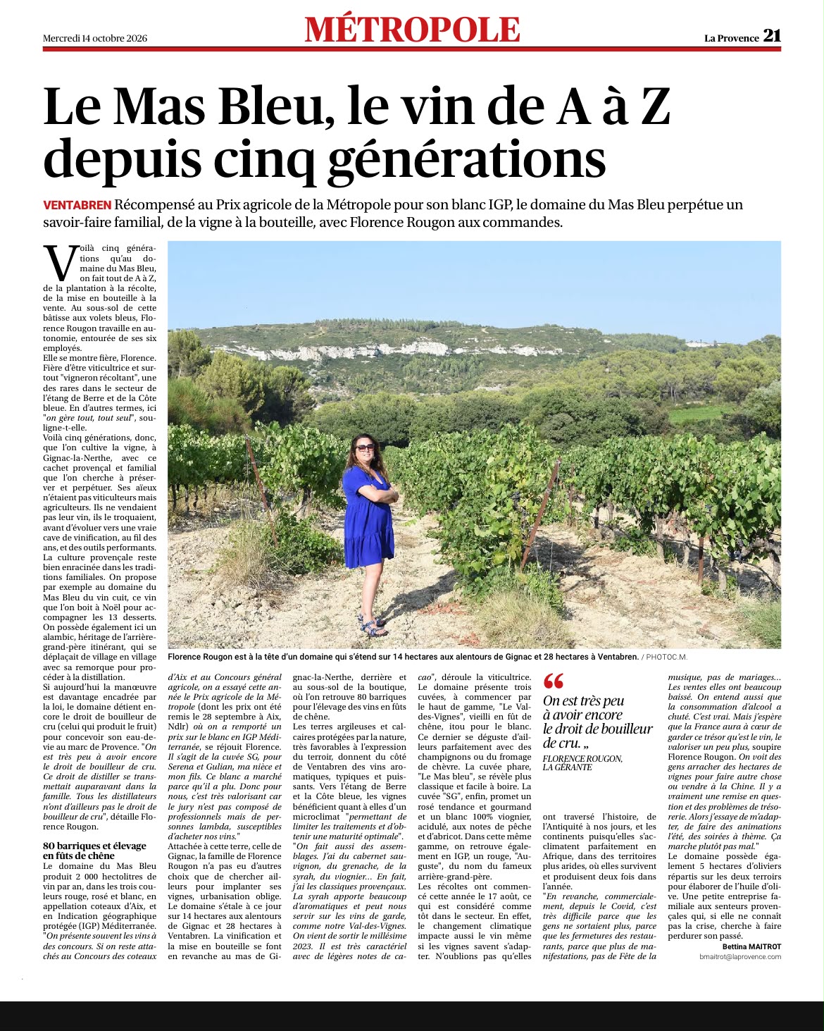 Illustration de Partenariat : Le Mas Bleu à l’honneur dans La Provence
