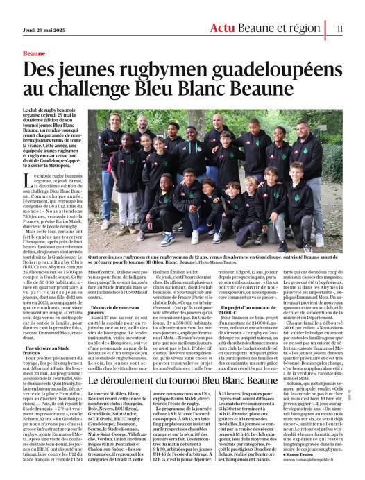 Peut être une image de 11 personnes et texte qui dit ’Jendi mai 2025 Actu Beaune et région Il Beawe Des jeunes rugbymen guadeloupéens au challenge Bleu Blanc Beaune beaunois 29maila ueanneede n enom rugbymen Guadeloupe, ont risite Beaune avantd traineur. s.joue LnevictoireauStade Le déroulement du tournoi Bleu Blanc Beaune Fm. lespoules းဗ. categories cesKumesugoymen mass.bualougl.bacapukik.li’